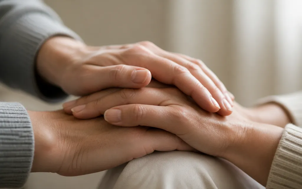 Mains qui se posent en signe de soutien auprès d’une famille, sans visage identifiable
