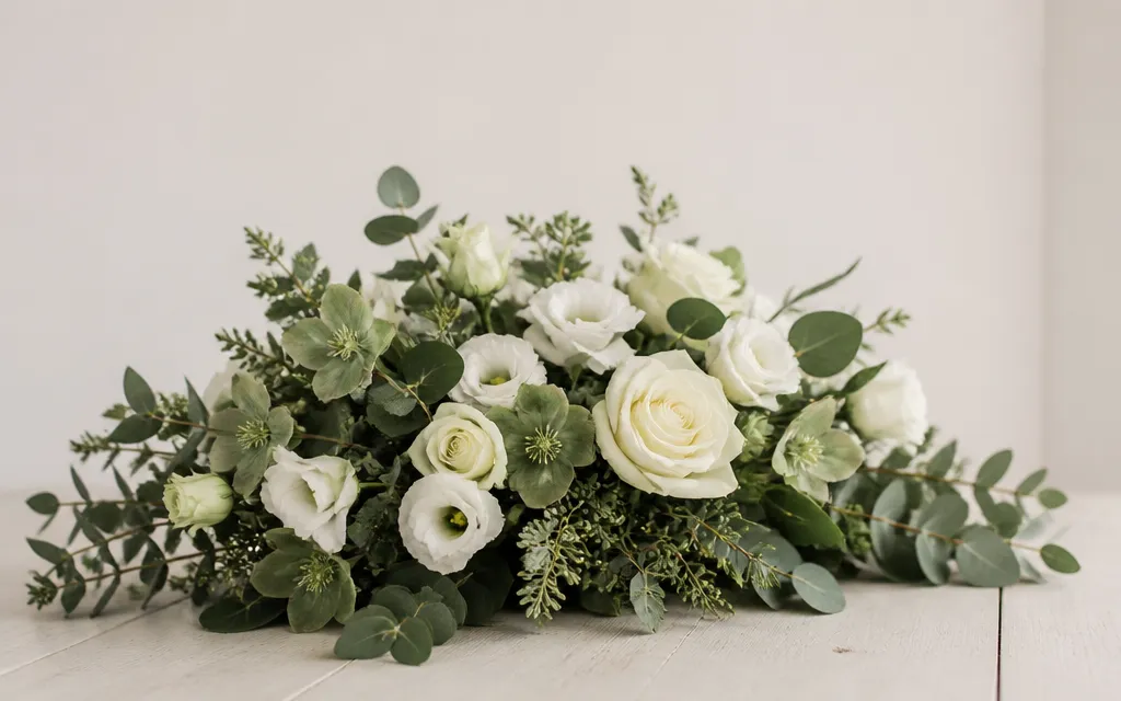 Composition florale sobre en tons blancs et verts, posée pour une cérémonie