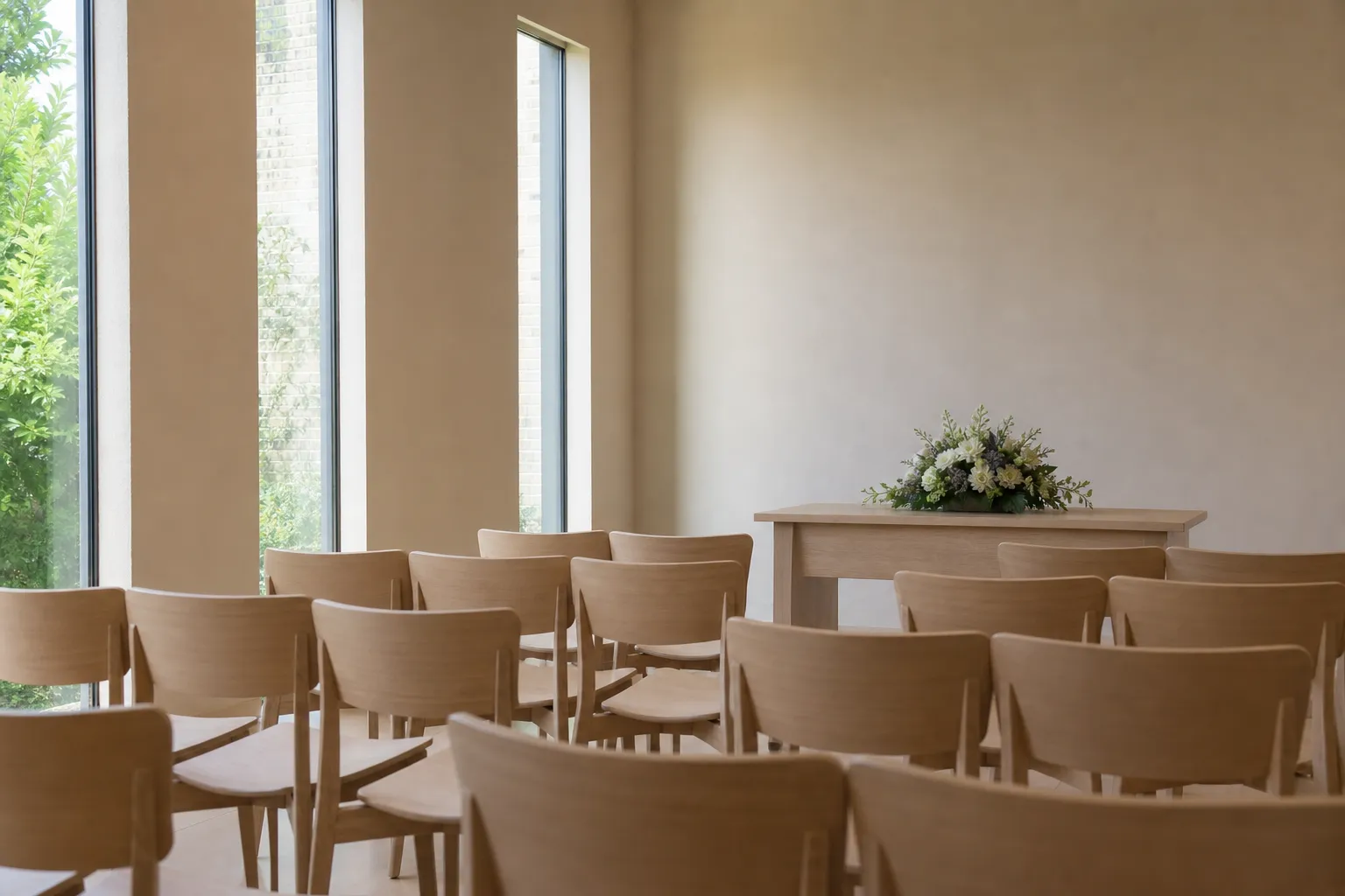 Salle de recueillement sobre et lumineuse où les familles se retrouvent, sans symbole religieux exclusif